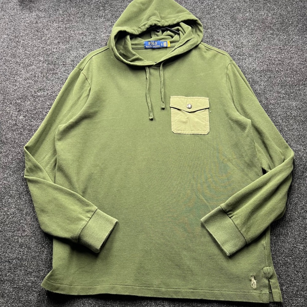 Polo Ralph Lauren Mens Large Olive Green Pique Cotton Utility Pocket Hoodie L